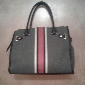Gray flannel purse with decorative striping